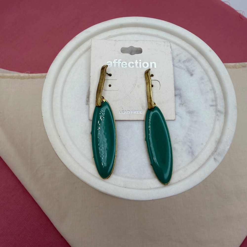 Affection Green Enamel Gold Tone Oval Drop Statement Earrings Fashion